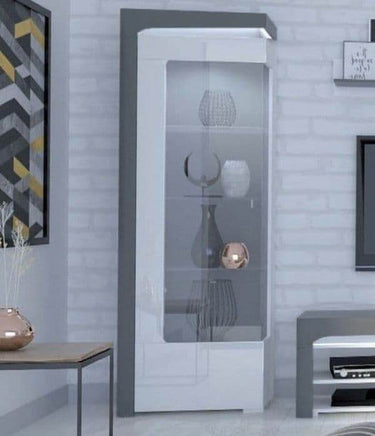 Elegant Athens Grey and White Gloss Left Display Cabinet with LED Illumination - UK Luxury Furniture